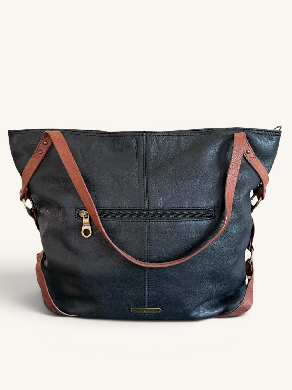 Lucky Brand Black Leather Tote with Brown Straps - Picture 4 of 16